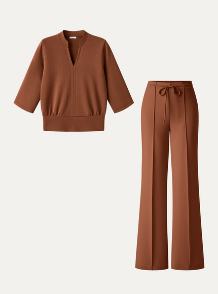 2Pcs Set V-Neck Elbow Sleeve Bam Top & High-Rise Flare Pants with Pockets