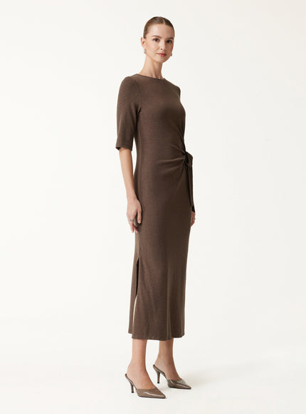 Slub Ribbed Round Neck Elbow Sleeve Tie-Waist Midi Dress
