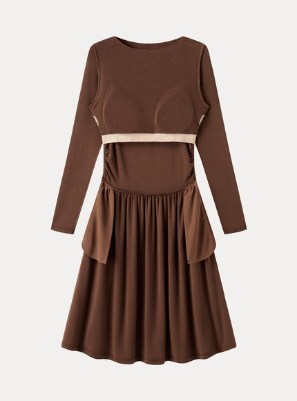 Boatneck Ruched Mini Built-In Bra Dress with Pockets