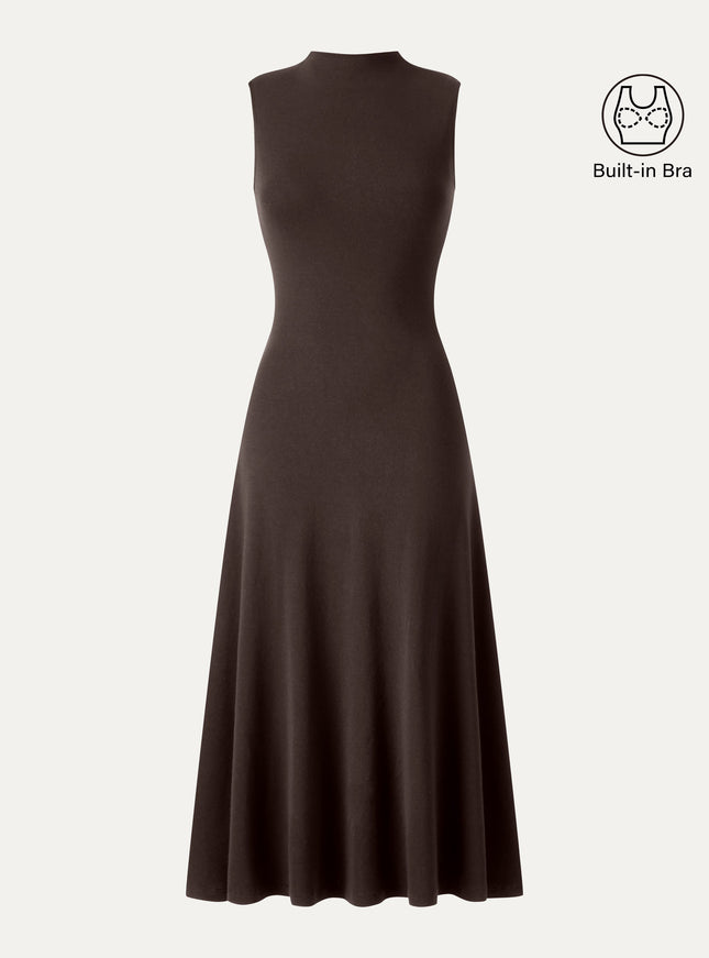 Mock Neck Sleeveless A-Line Midi Built-In Bra Dress