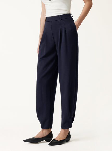Stretch Ponte High-Rise Ankle Tapered Tuck Pants with Pockets