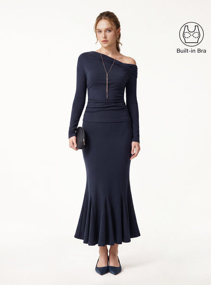 2Pcs Set Convertible Neck Built-In Bra Top & High-Rise Mermaid Midi Skirt